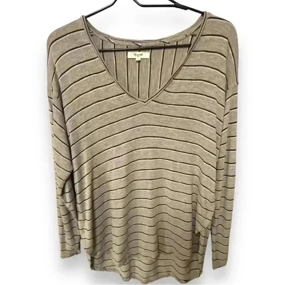 Madewell Long Sleeve Stripe Pattern V-neck Beige Relaxed Fit High-Low Anthem Tee - Picture 10 of 16